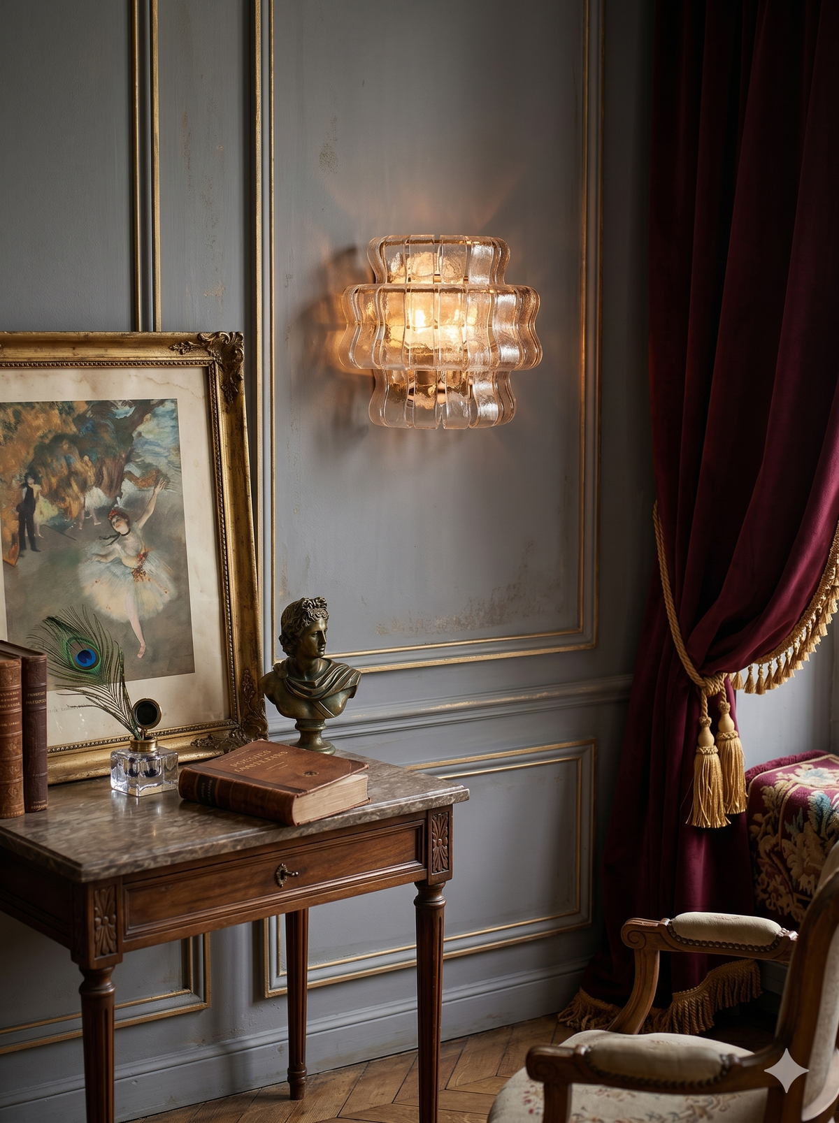 A pair of Albano Wall Lamps in gold glass flanking a hallway mirror.
