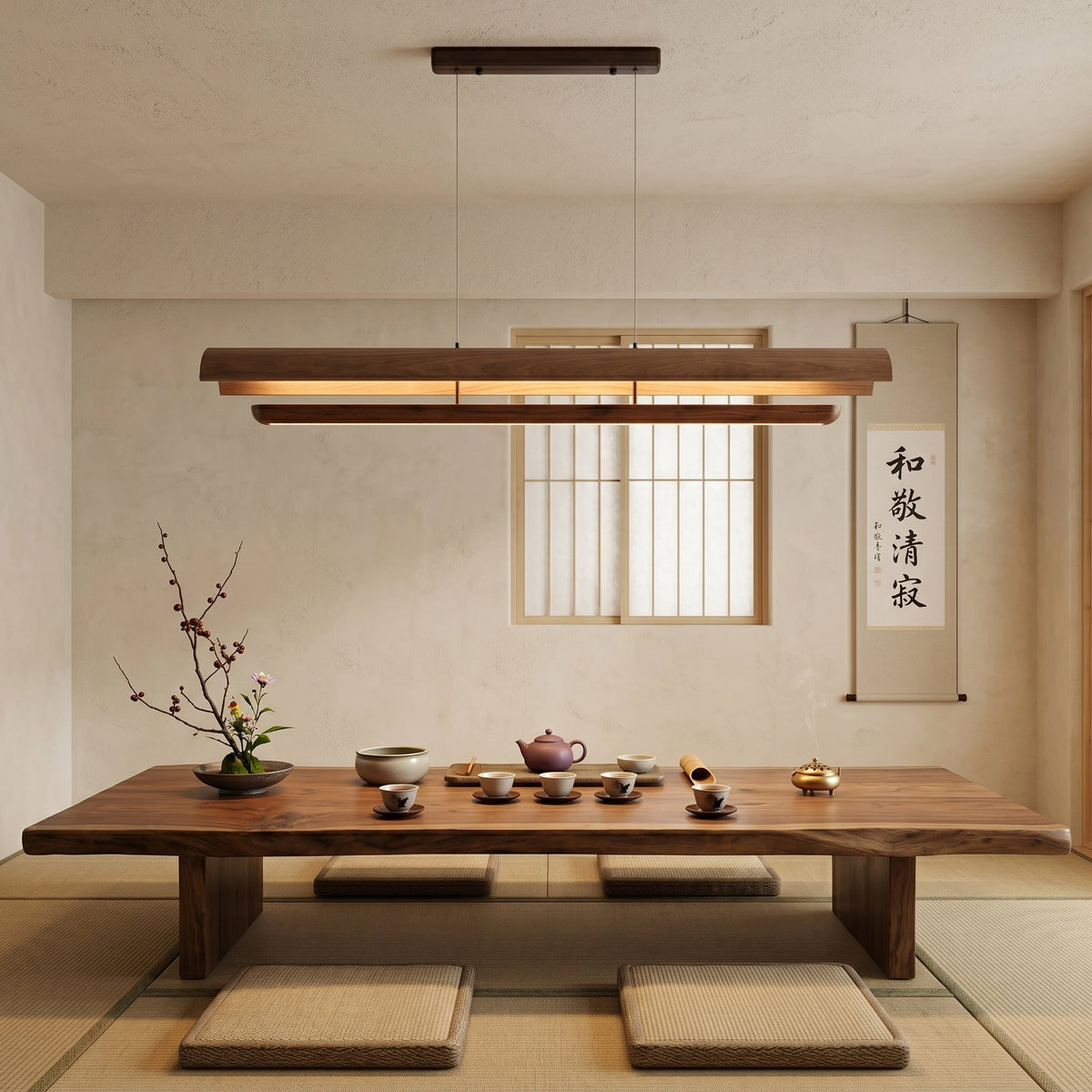 View from below showing the integrated LED light source of the Kanoe chandelier.