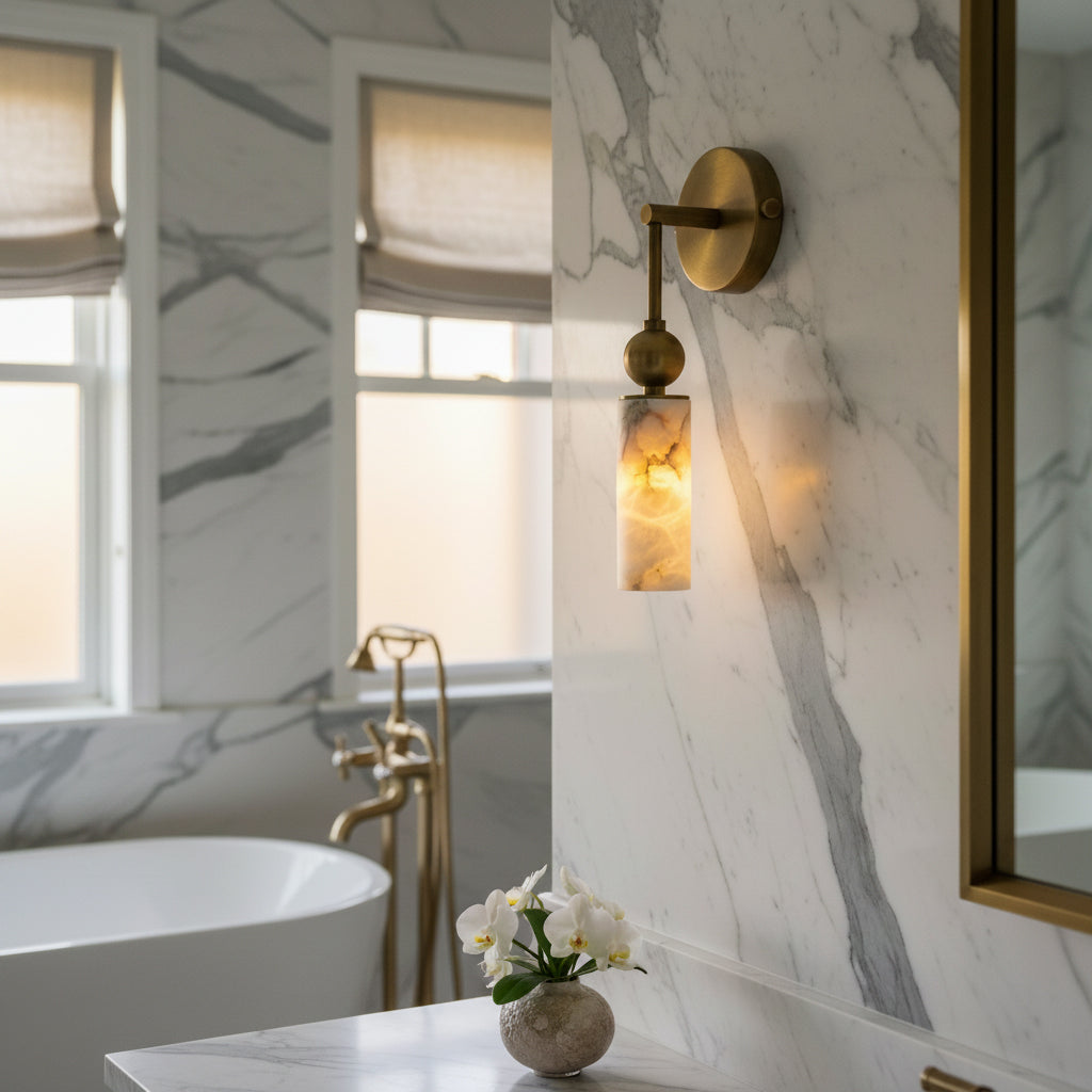 Angled view of the black Metro Alabaster Wall Lamp.