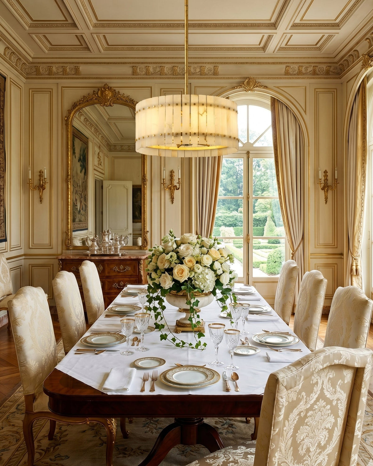 The chandelier hanging above a dining table.