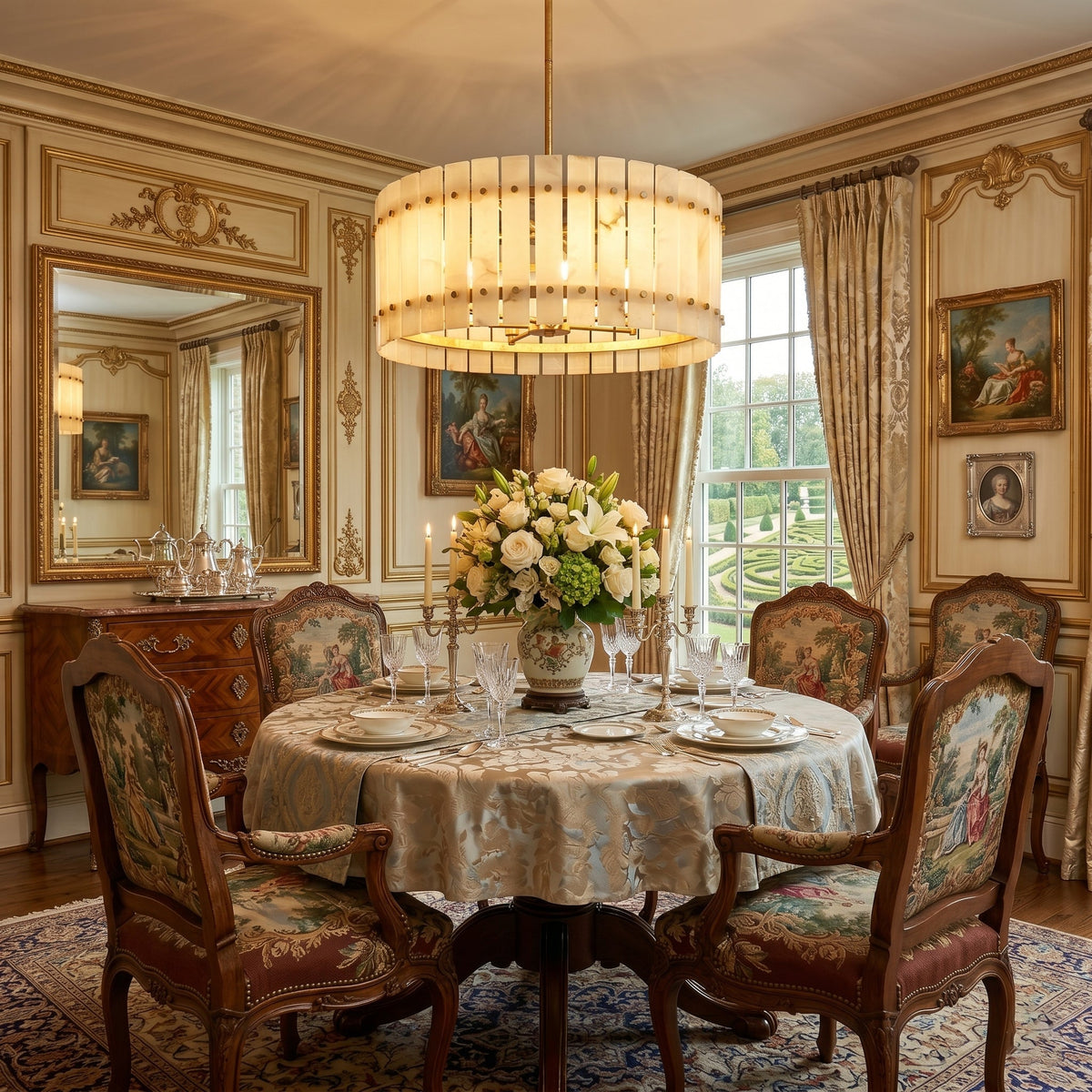 The chandelier illuminated, casting a warm, inviting glow.