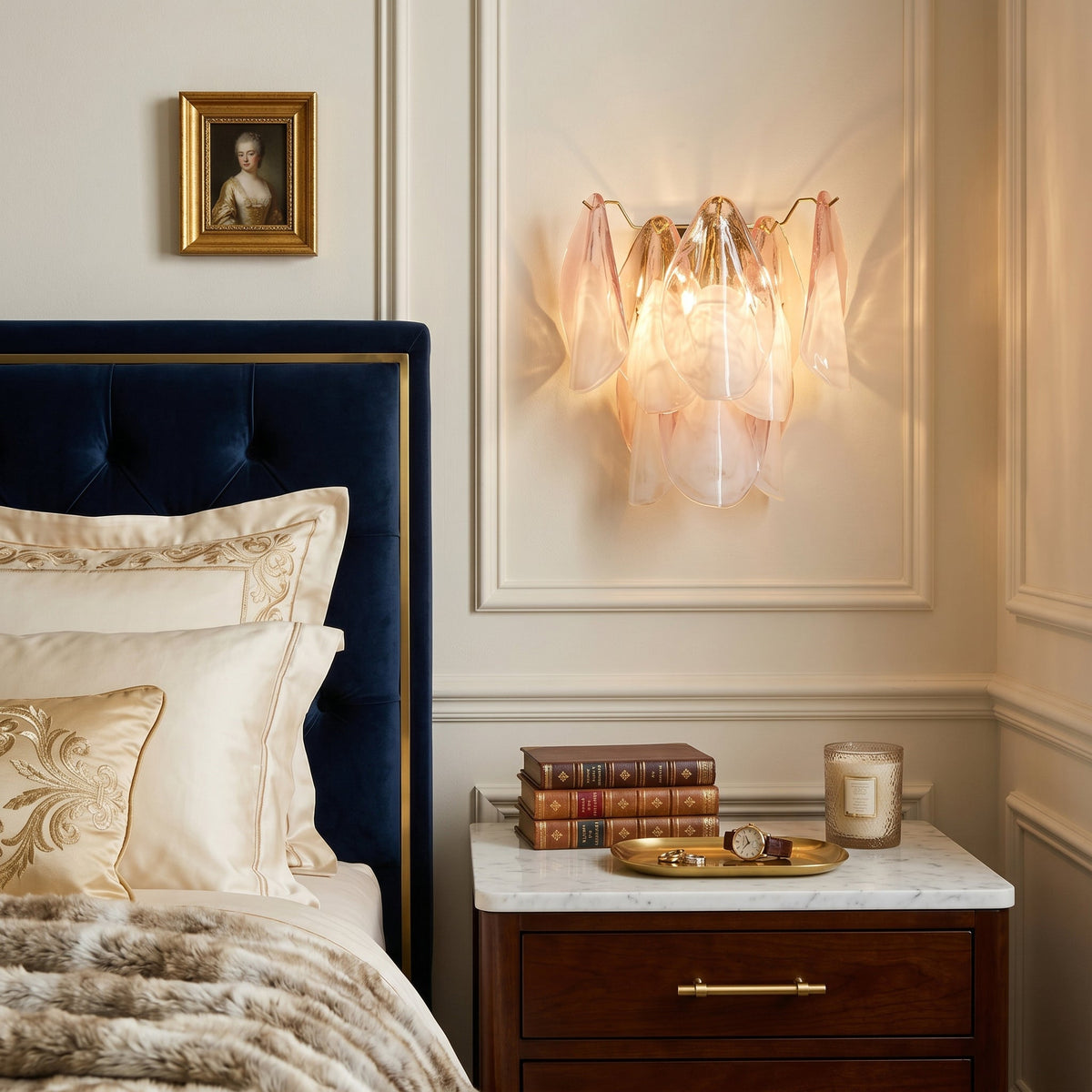 Close-up of the ombré pink glass detail on the Foliage Wall Sconce.