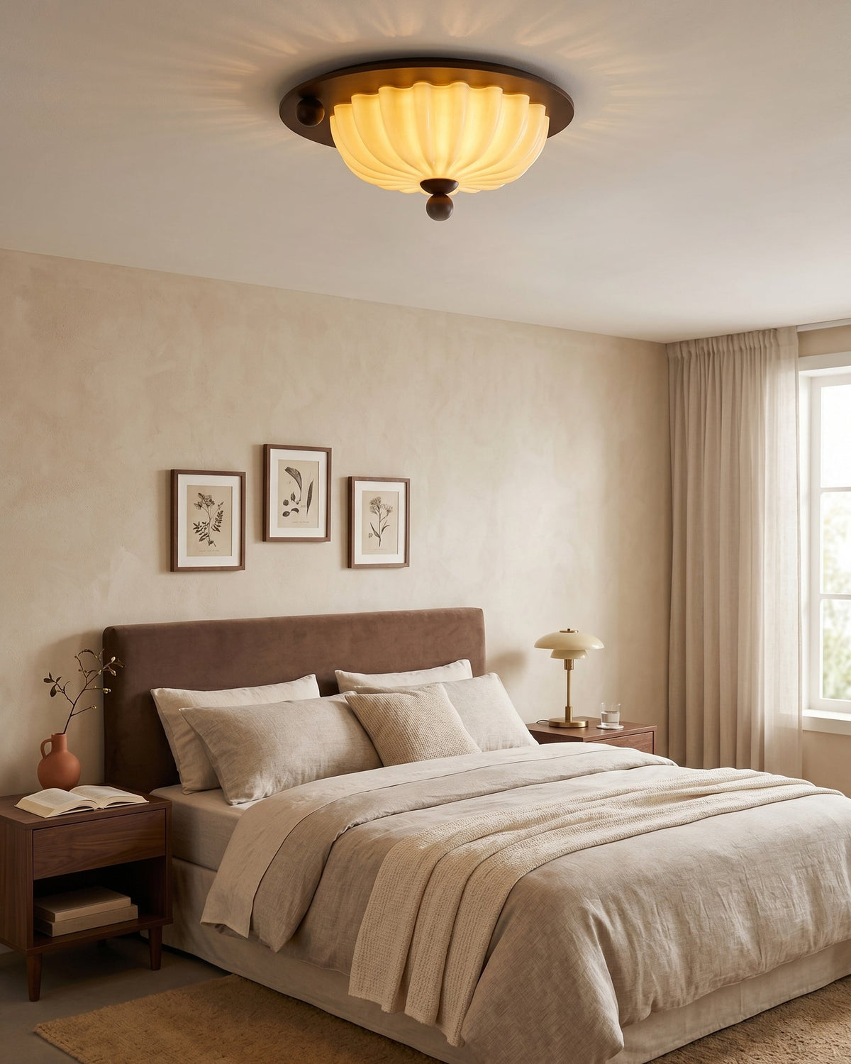 Perth Ceiling Lamp Model D with a pleated cream glass shade and walnut base.