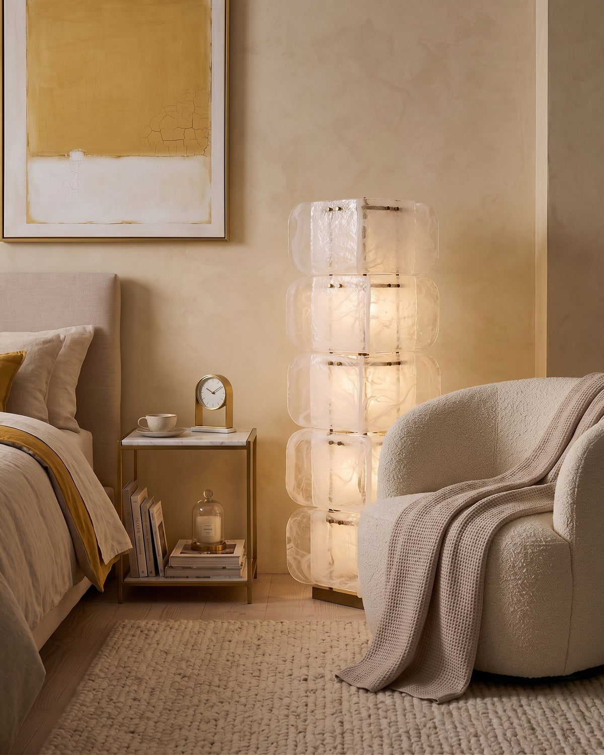 Close-up of the white Cubo Totem Floor Lamp's metal and glass tiers.