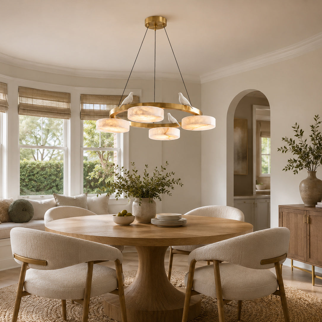 The 5-head version of the Sienna Bird Alabaster Chandelier.