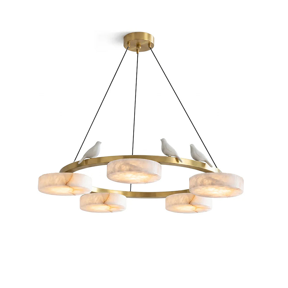 Sienna Bird Round Alabaster Chandelier with brass frame.