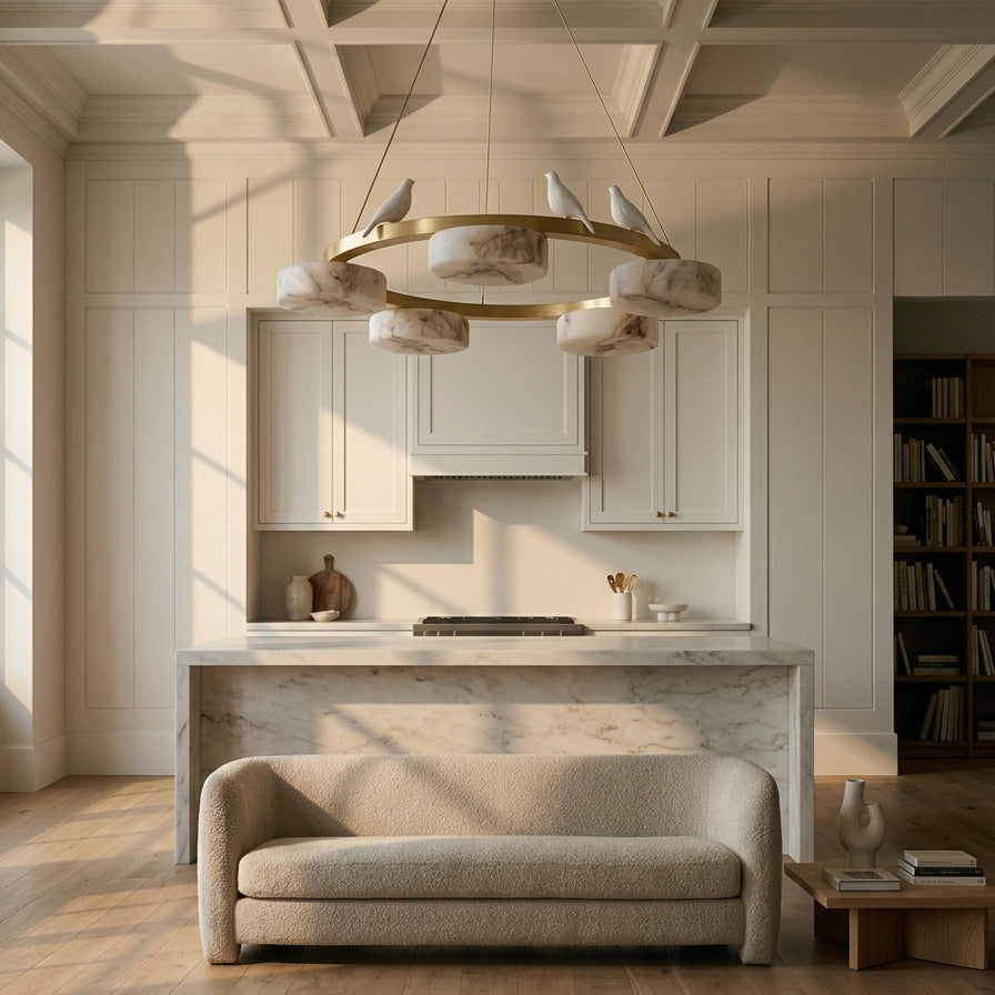Installation view of the Sienna chandelier over a dining table.
