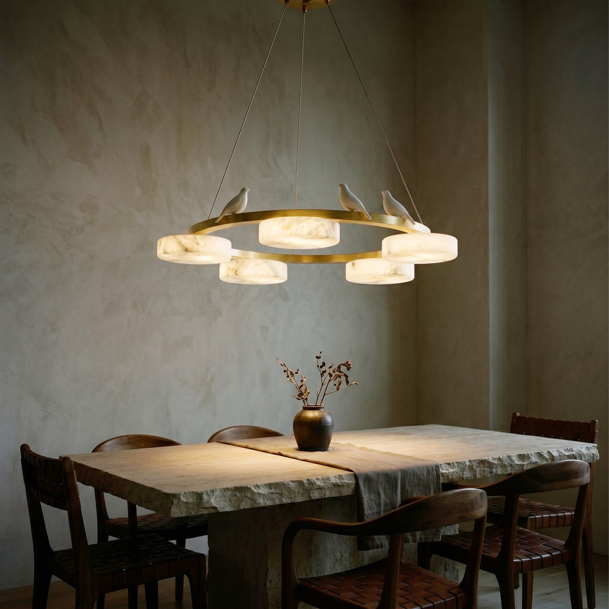Side profile of the Sienna chandelier, showing its height and bird details.