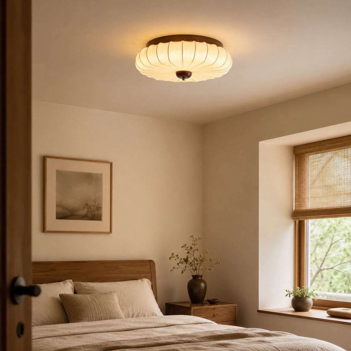 Close-up of the walnut wood base and scalloped fabric diffuser.