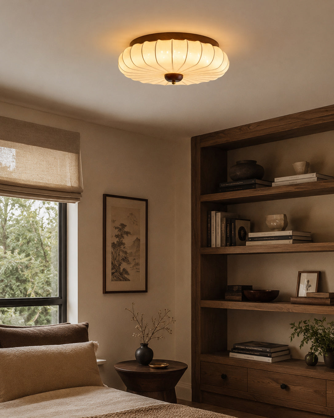 Tate Flush Mount installed in a cozy hallway with low ceilings.