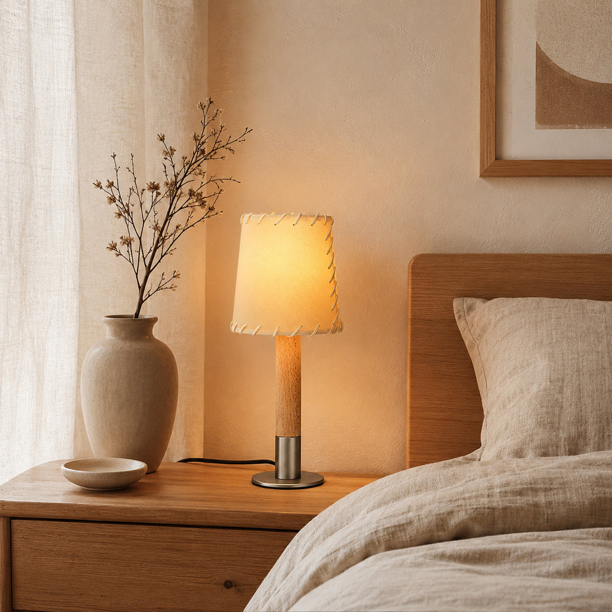 The Kove Parchment Table Lamp placed on a living room side table.