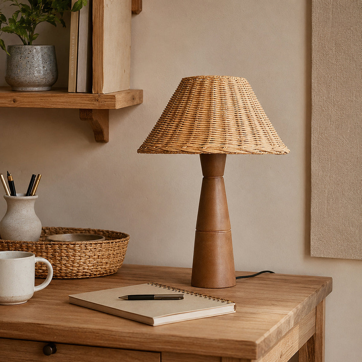 The Zaya Table Lamp shown on a bedroom nightstand.
