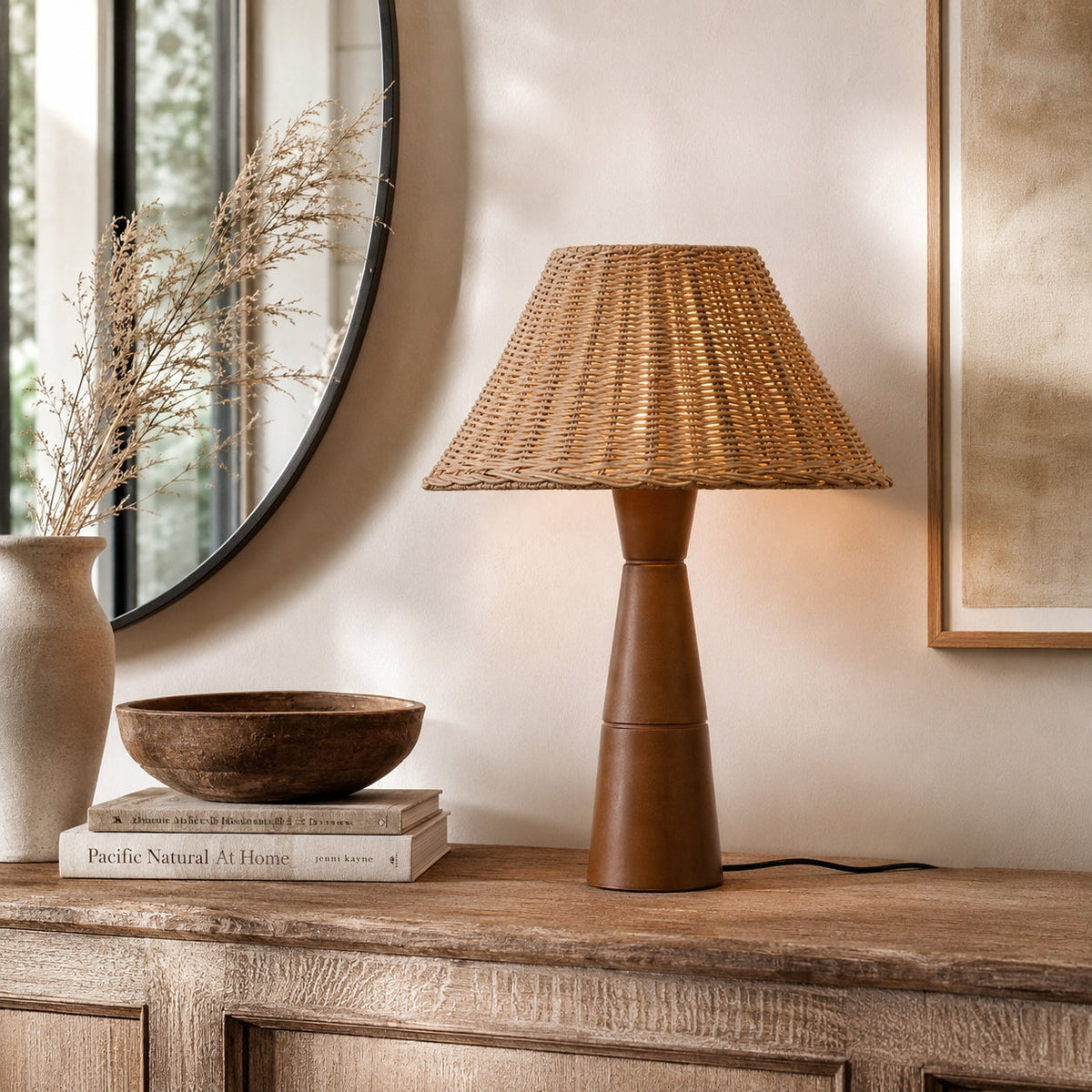 Close-up of the Zaya Table Lamp's woven rattan shade.