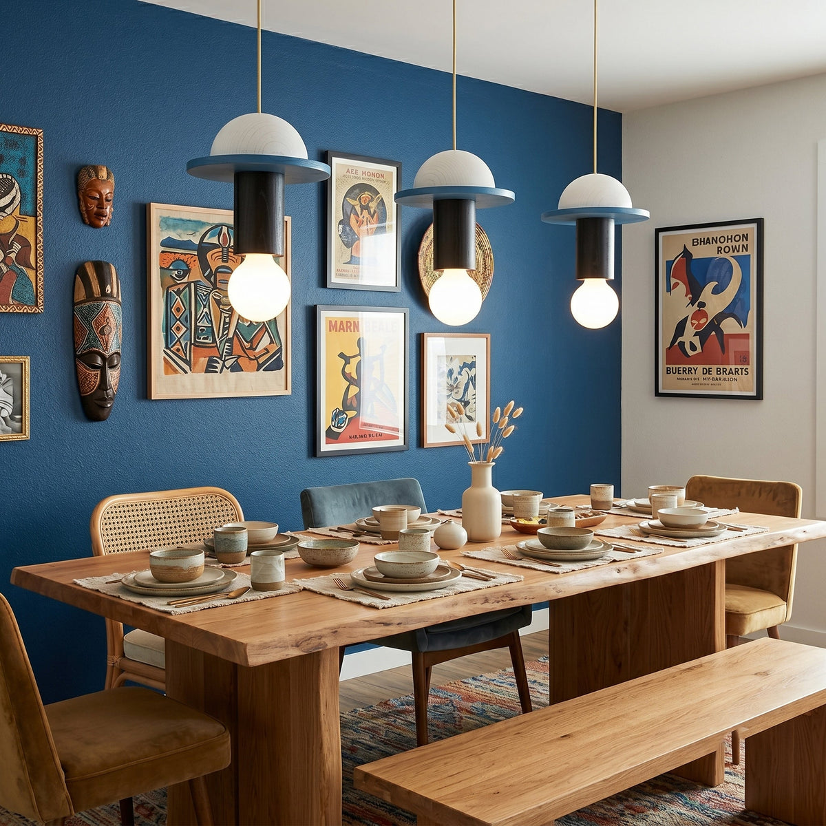 Close-up of the Klee Geometric Pendant Light's color-blocked wooden construction.