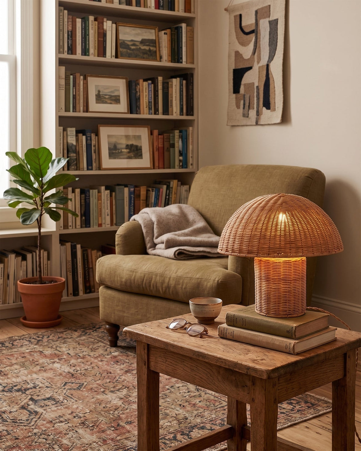 The Aero Rattan Mushroom Table Lamp in a living room setting.