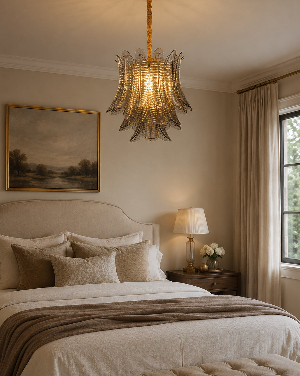 The Isolde Chandelier illuminating a formal dining room table.