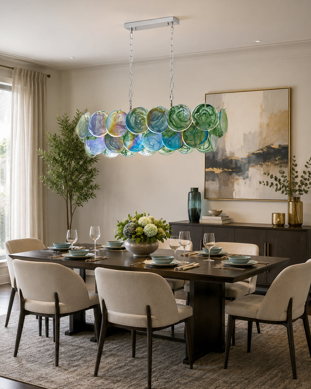 The Pavone Linear Chandelier in a warm orange glass finish.