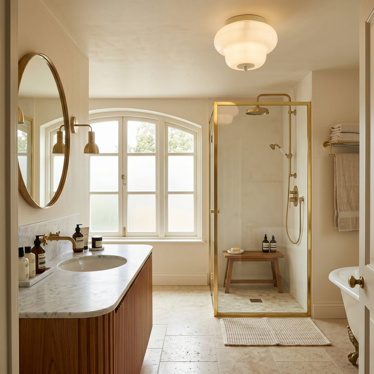 Angled view of the white Milo Ceiling Mount showing its two-tiered glass shade.