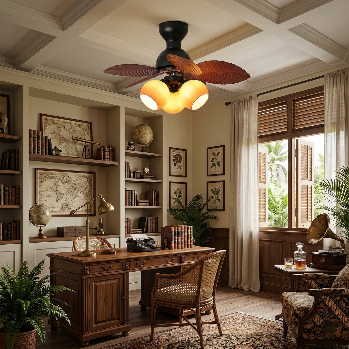 Lifestyle shot of the Belize Ceiling Fan Light in a bright, airy room.