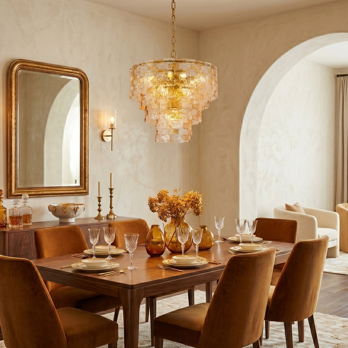 Close-up of the water-ripple texture on the glass of the Jigsaw Chandelier.