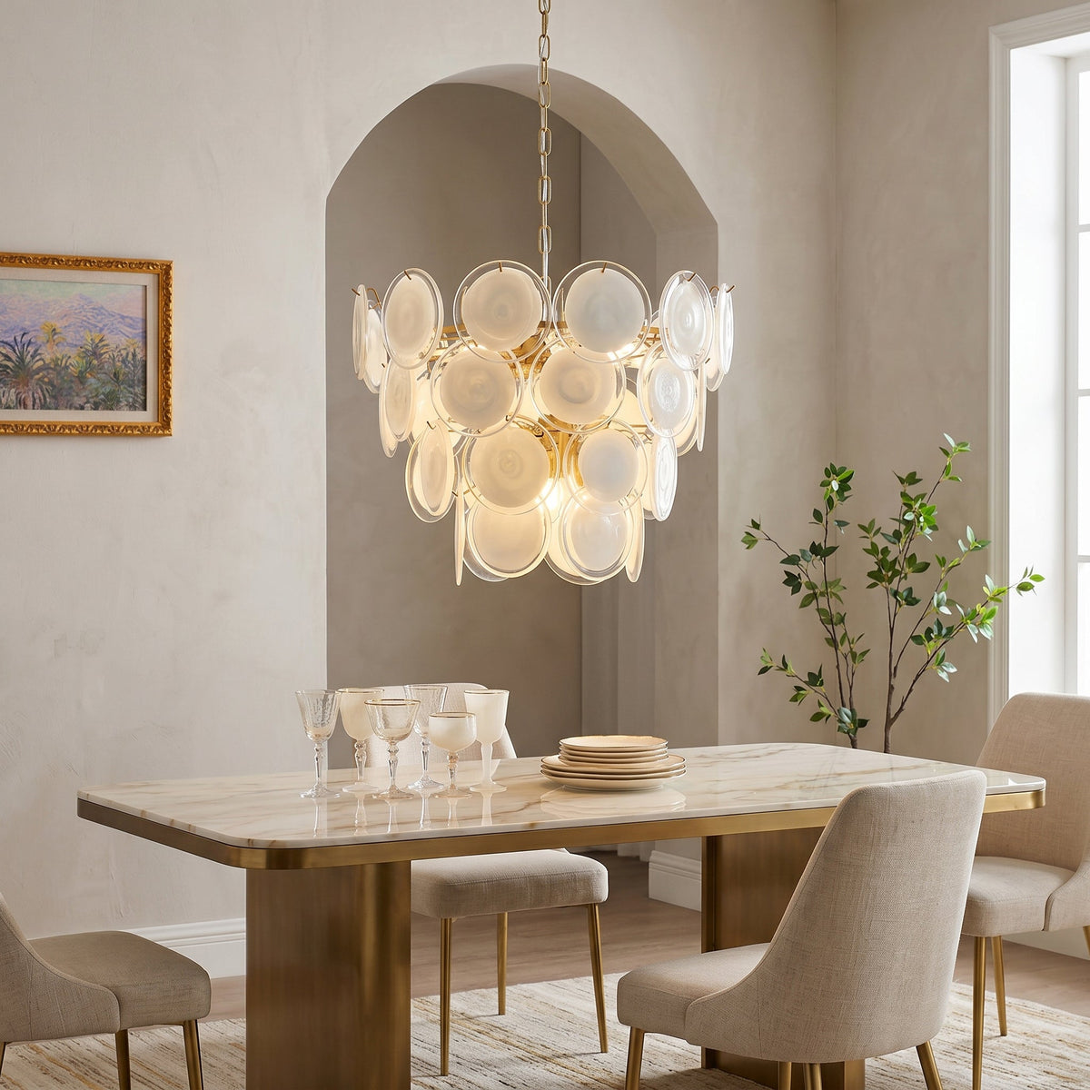Gropius Disc Pendant Light hanging in a modern living room.