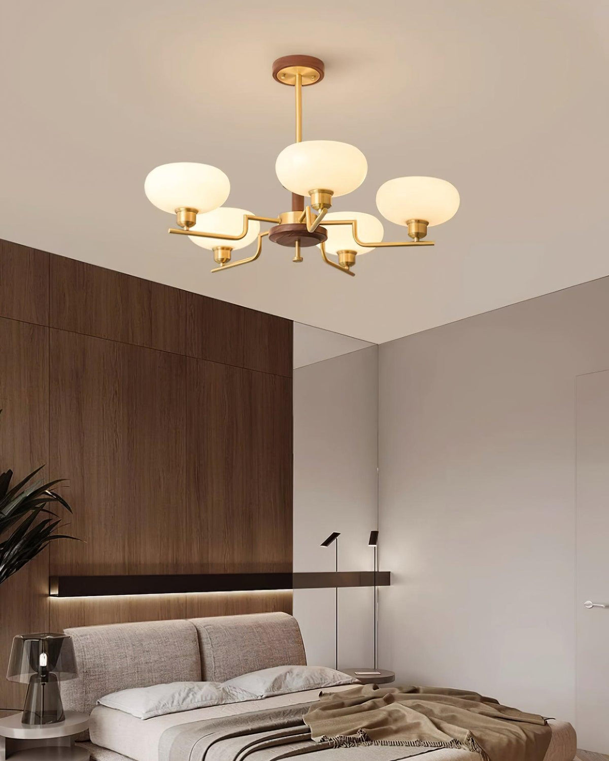 Chandelier Wood & Brass Frame Glass Shades Medieval Ambience-Neutral Decor