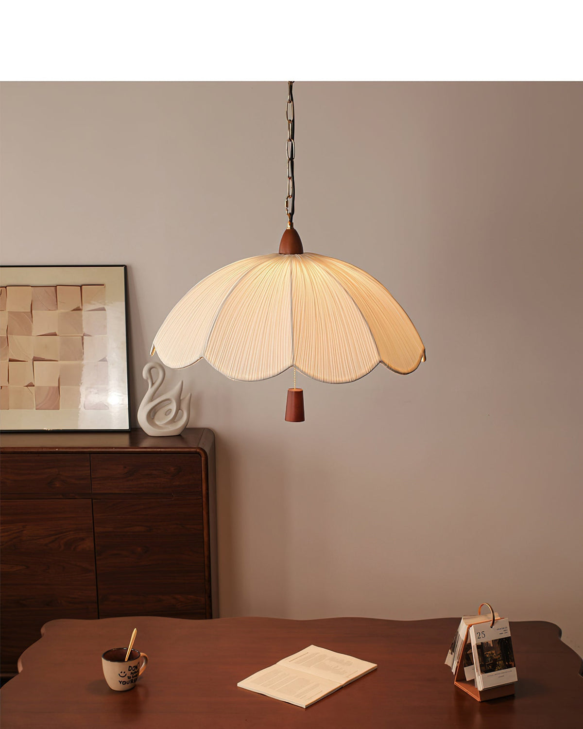 Close-up of the fabric texture and wood detail on the Dawson Pendant Light.