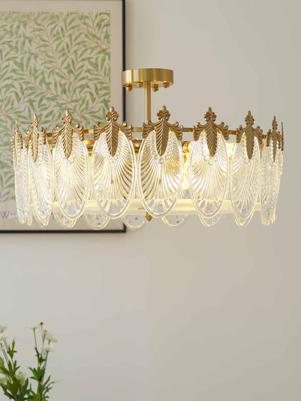 Mareris Lustre en Verre Pétales avec Cadre Doré Rond