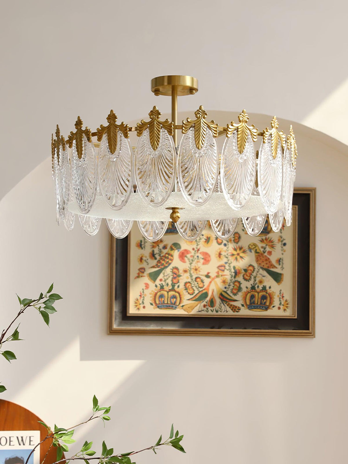 Mareris Lustre en Verre Pétales avec Cadre Doré Rond