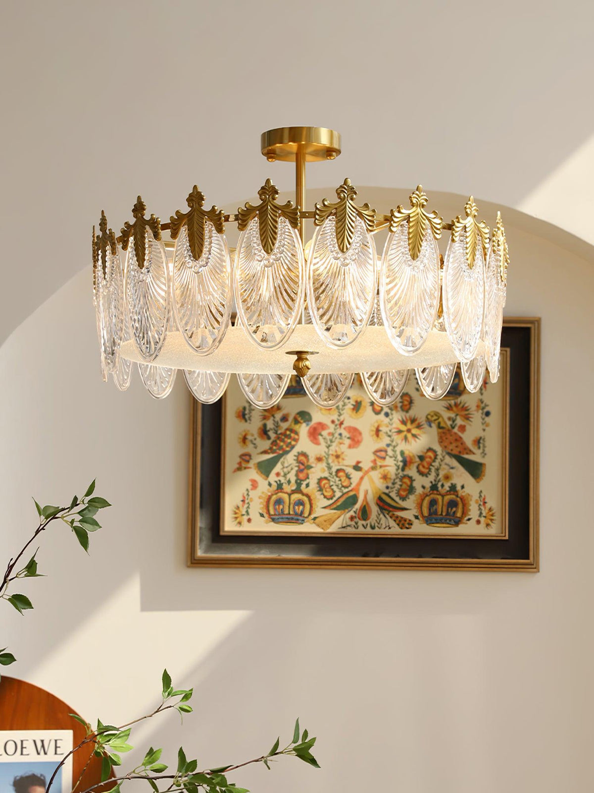 Mareris Lustre en Verre Pétales avec Cadre Doré Rond