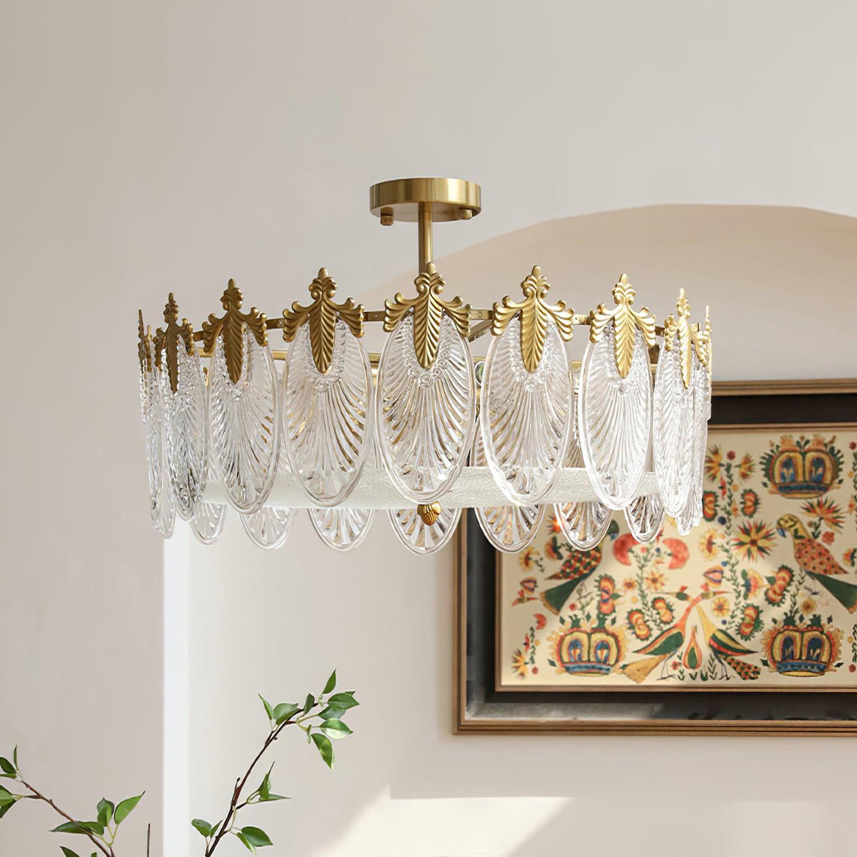 Mareris Lustre en Verre Pétales avec Cadre Doré Rond