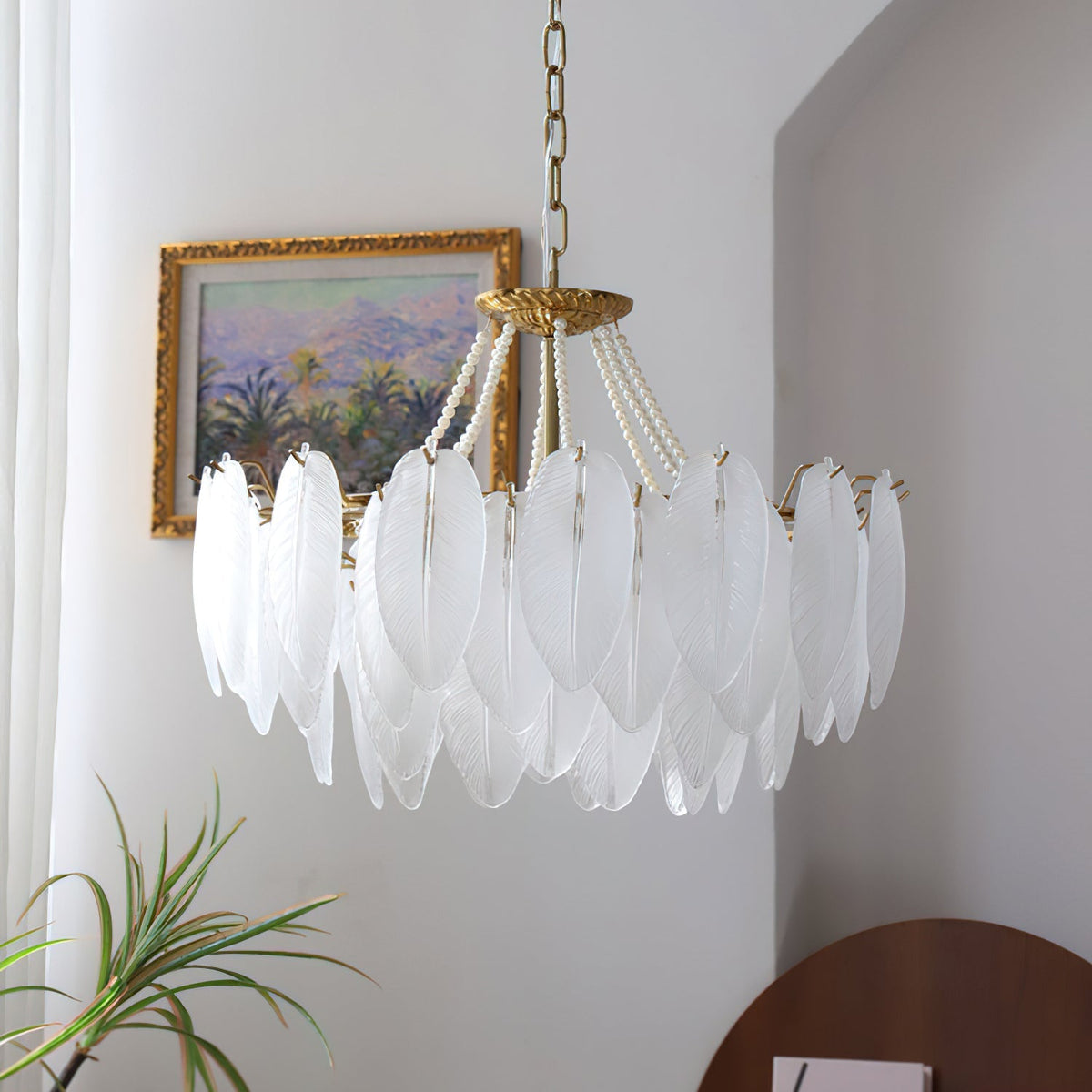 A sculptural view of the Antheia Chandelier when unlit, showcasing its artistic form.