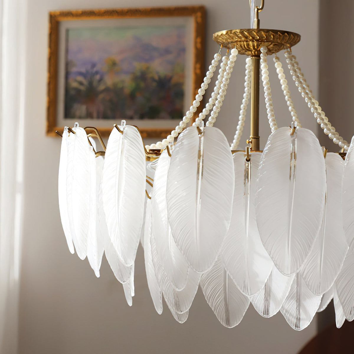 Detail of the ceiling mount and suspension chain for the Antheia Chandelier.