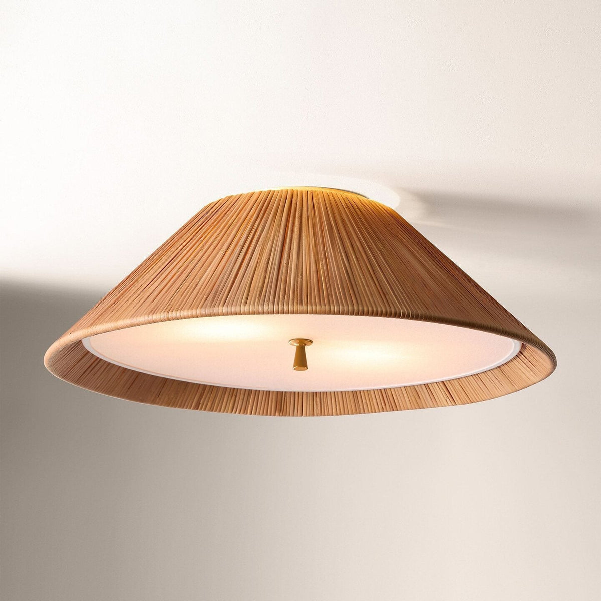Angled view of the Bodie Rattan Ceiling Mount, highlighting its low-profile design.