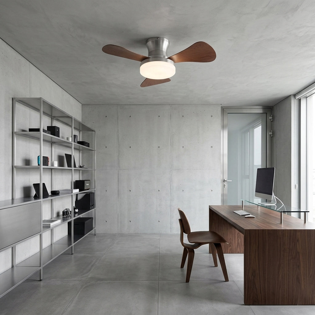 Brennan Ceiling Fan Light installed on a low ceiling, demonstrating its flush mount design.