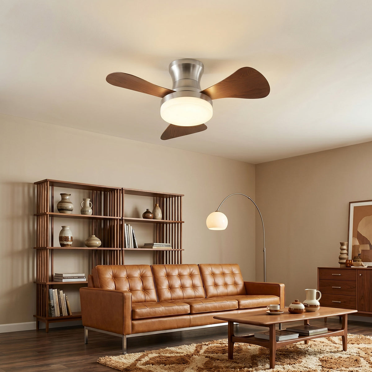 Close-up of the Brennan Ceiling Fan Light's walnut-grain blades.