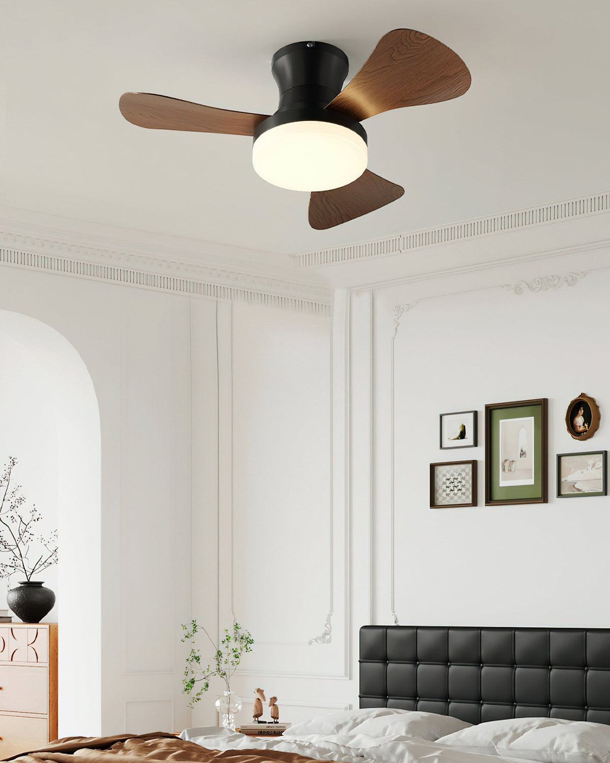 Brennan Ceiling Fan Light in walnut finish against a white ceiling.