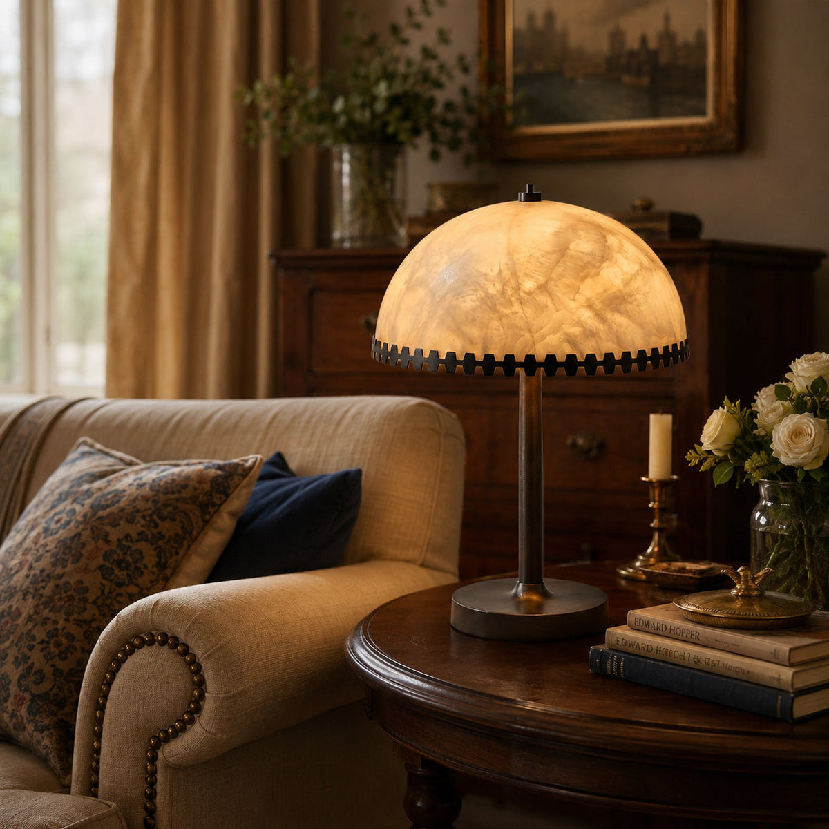 Close-up of the Bronson table lamp's alabaster shade, showing natural veining.