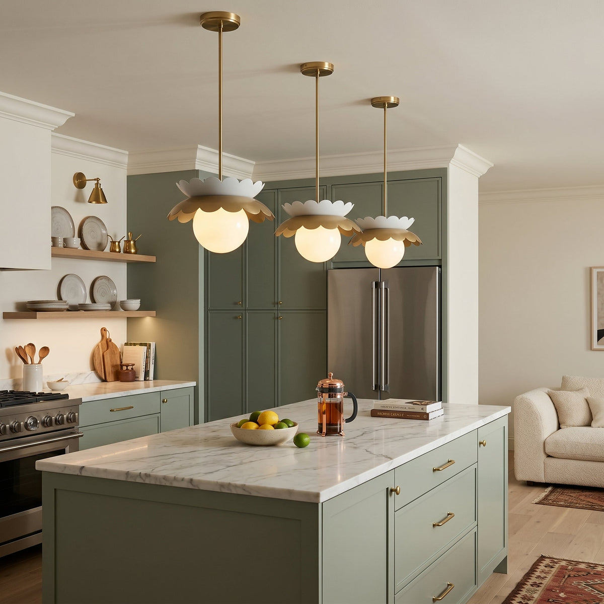 Capri Globe Pendant Light illuminated, casting a warm glow.