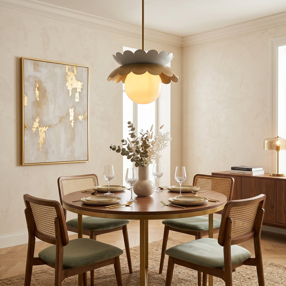 Capri Globe Pendant Light shown hanging in a modern living room.