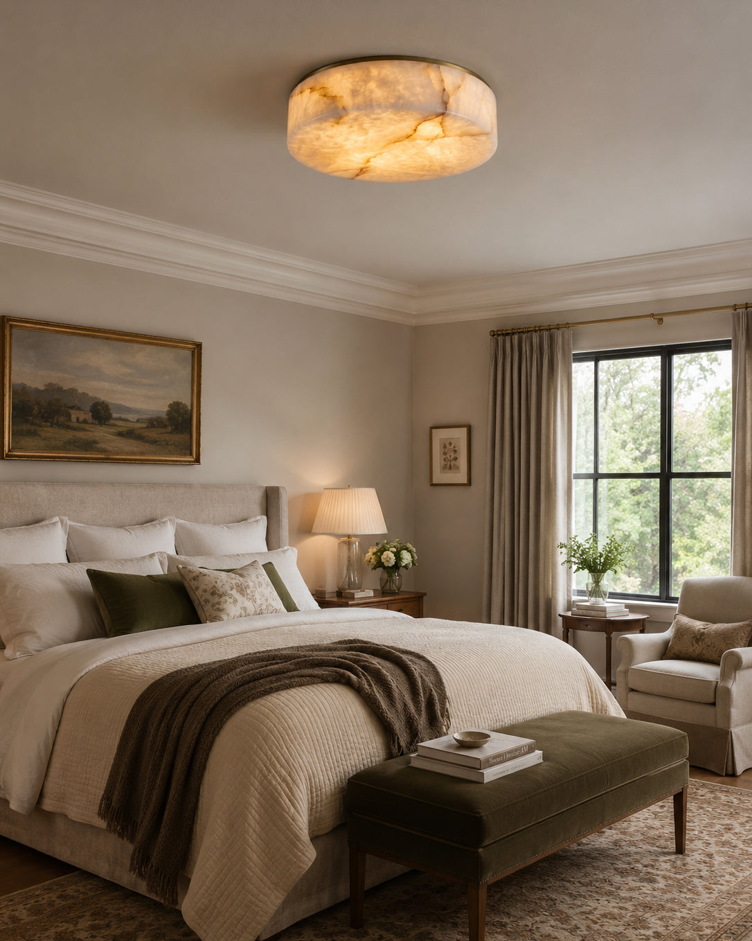 The round flush mount light shown in a hallway with minimalist decor.