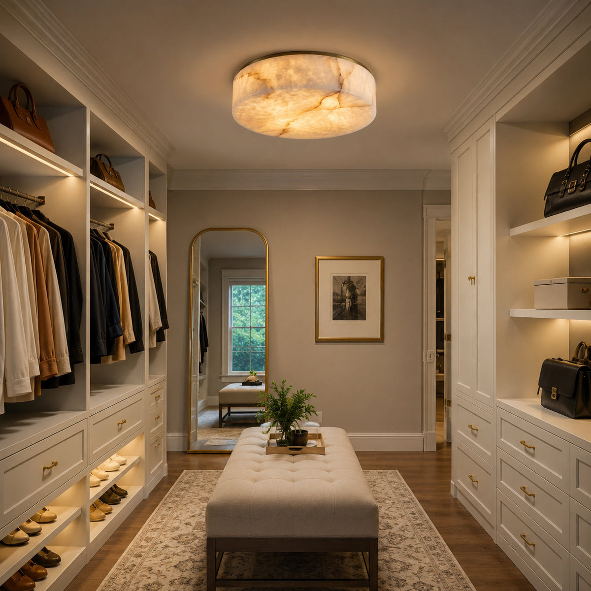 The Carrara alabaster ceiling mount in a sophisticated bedroom setting.