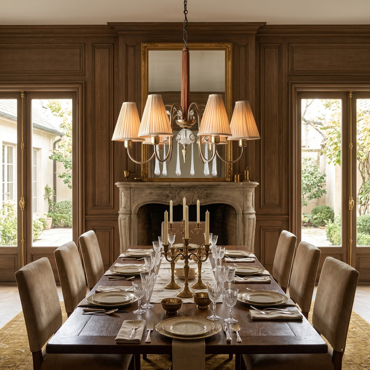 Angled view of the Chateaux chandelier, highlighting its metal armature and crystal details.