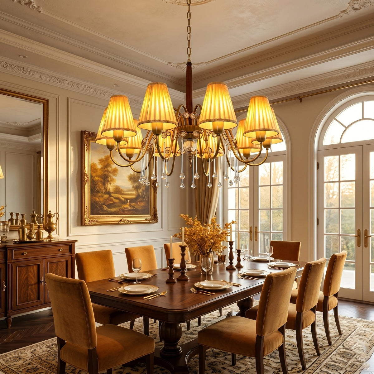 The Chateaux chandelier installed above a formal dining table.
