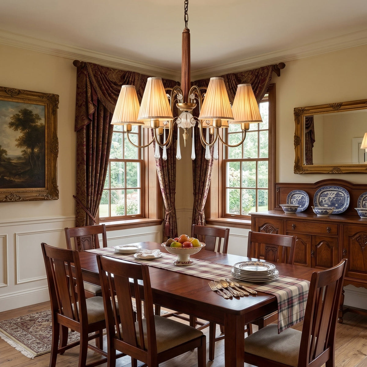 Close-up of a pleated beige fabric shade on the Chateaux chandelier.
