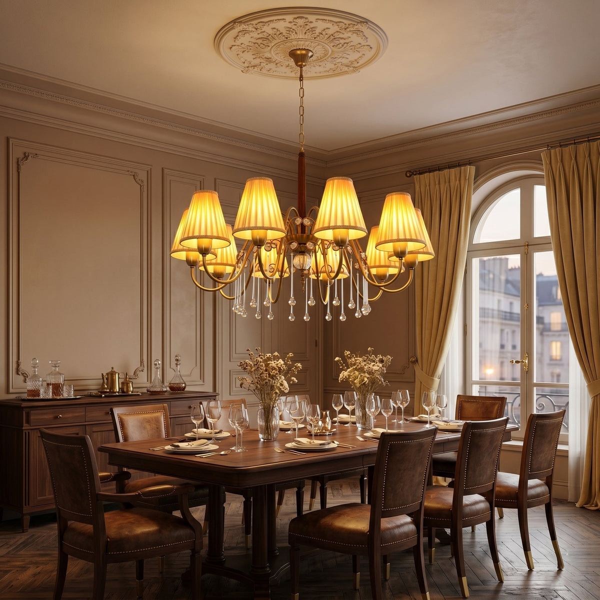 The 8-light Chateaux chandelier shown with dimensions L 88cm x H 150cm.