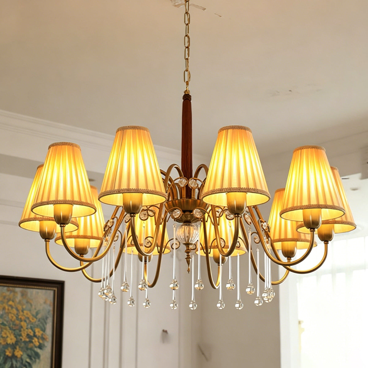 The chandelier shown with lights off, displaying its form and materials.