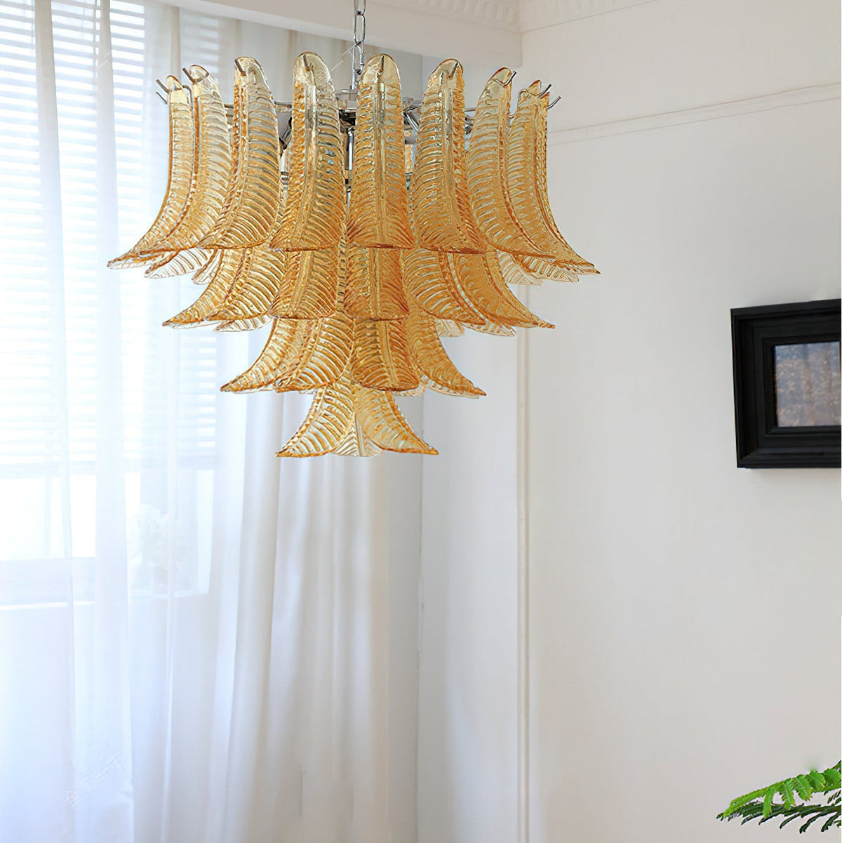 Angled shot of the tiered waterfall structure of the chandelier.