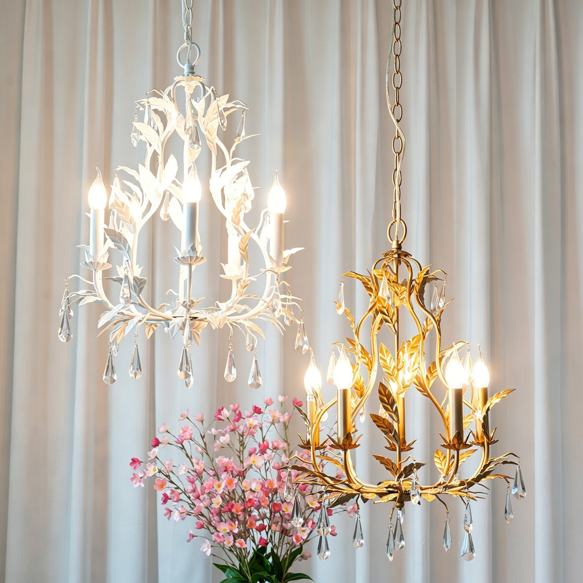 Angled view of the Evie Crystal Chandelier showcasing its leaf details.