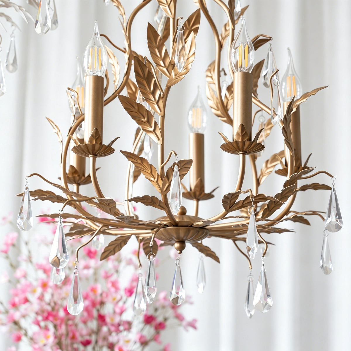 The chandelier shown with lights off to highlight its sculptural form.